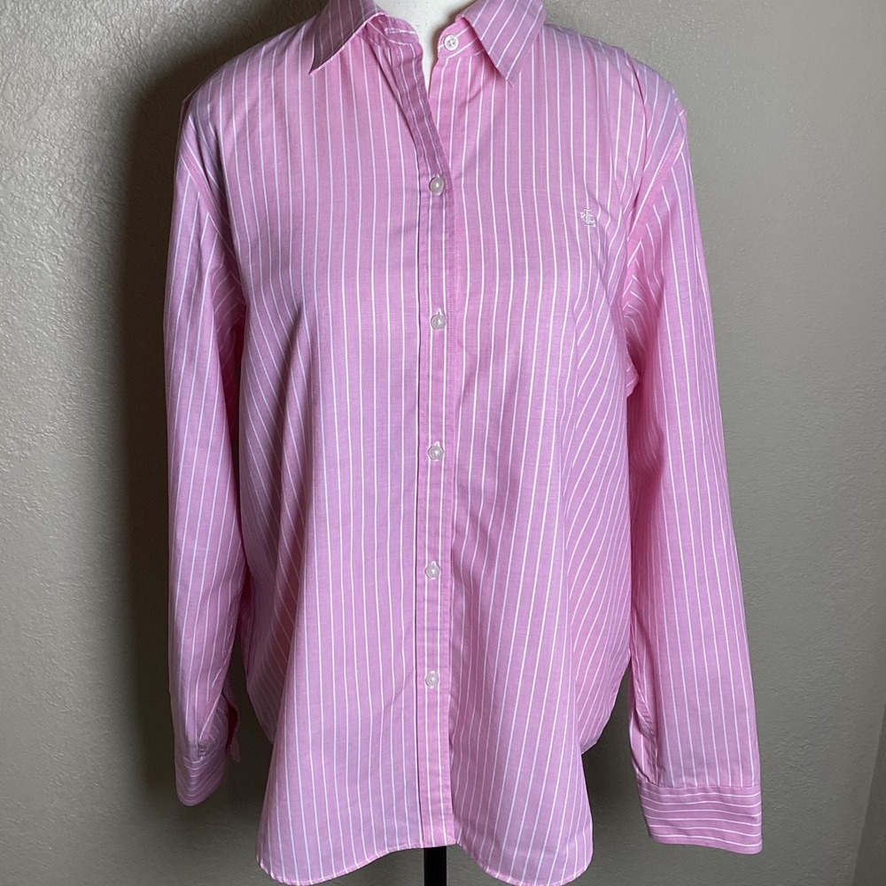 Lauren Ralph Lauren Pink White Striped Non-Iron Cotton Button Down Shirt Size XL